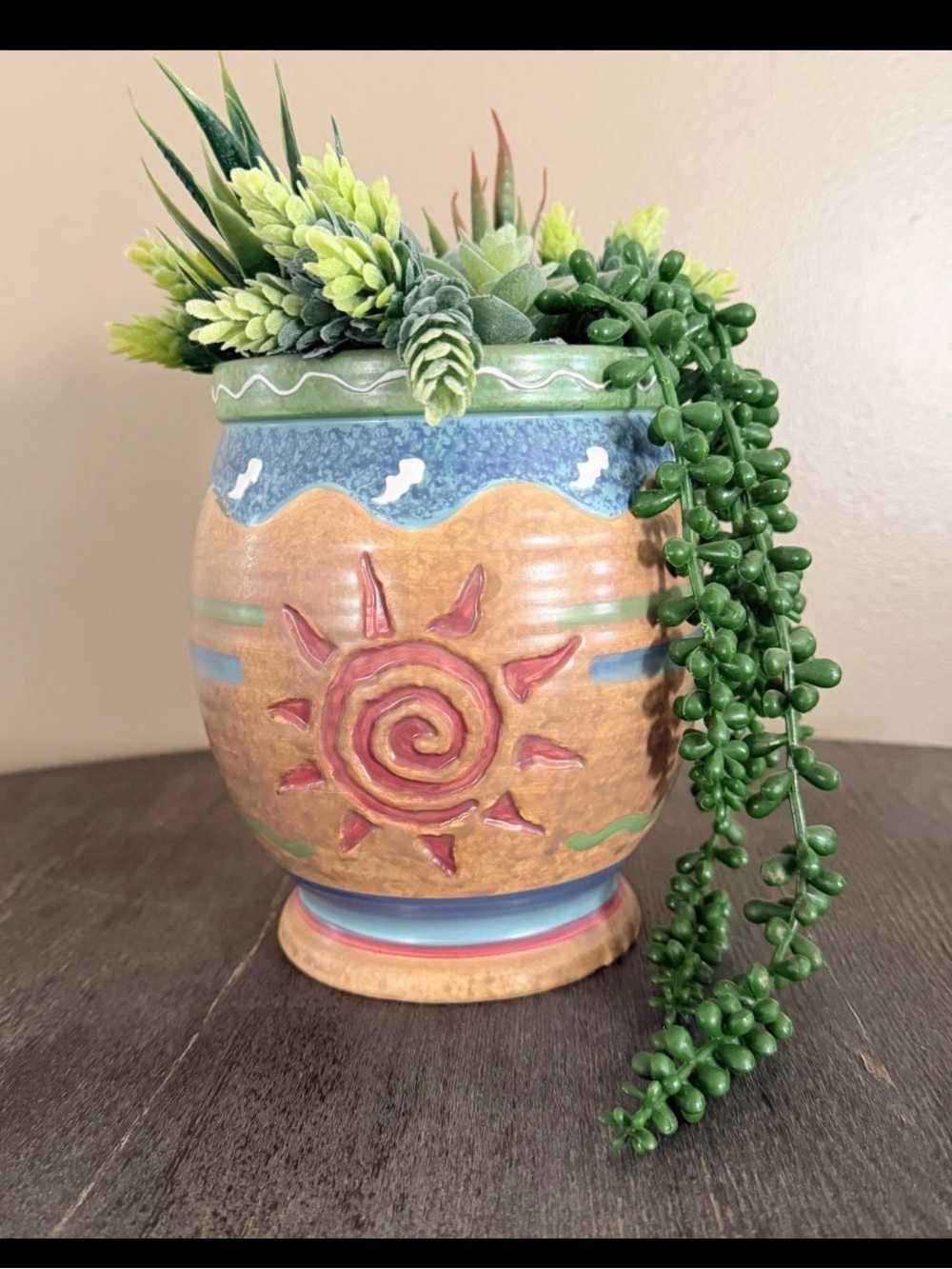 Vintage Planter Pot Garden Bowl Southwestern Tribal Design Signed Succulent Incl